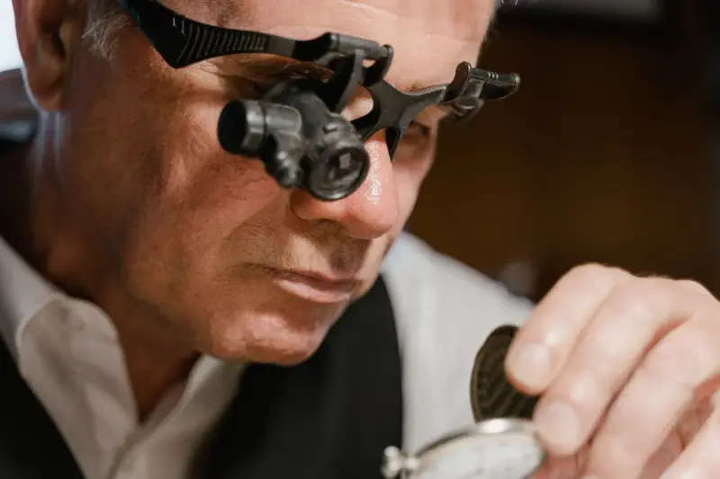 Watchmaker inspecting a pocket watch through a loupe