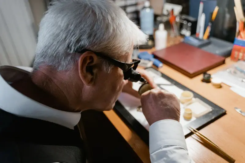 Senior watchmaker examining a timepiece with a loupe in his workshop