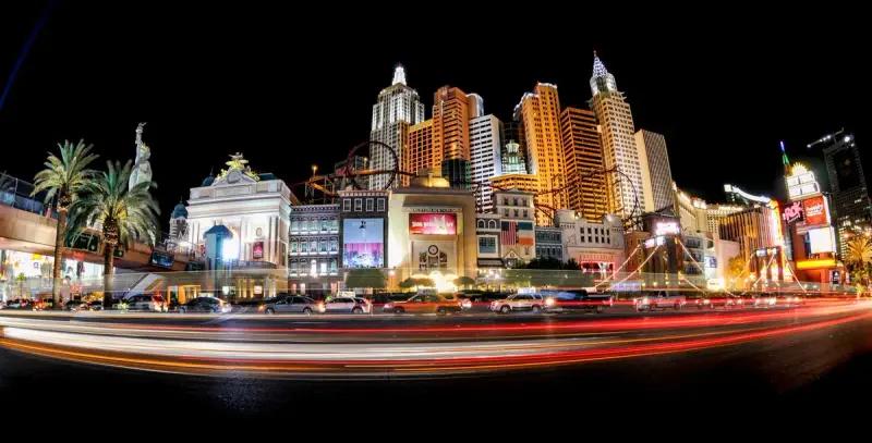 Illuminated Las Vegas Strip resorts and lights at night