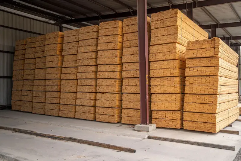 Large stacks of planks arranged inside a covered lumber storage building