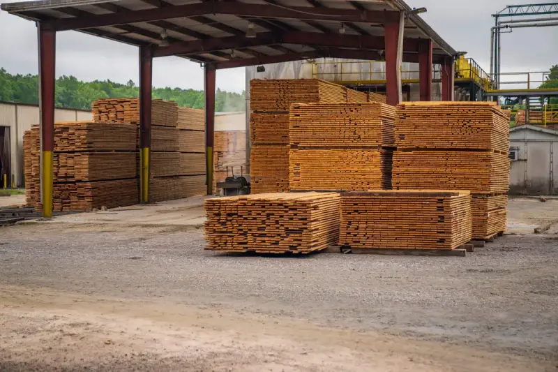 Timber planks stacked at an outdoor lumber yard next to building supplies