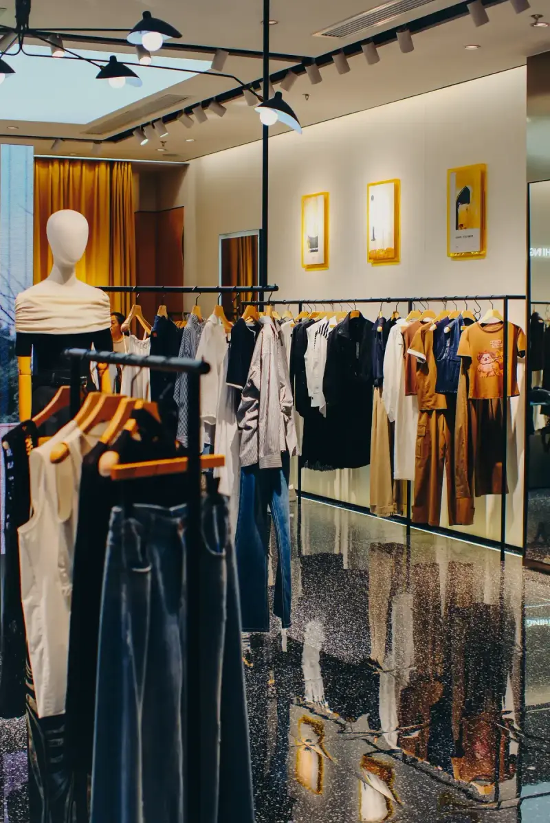 Fashion boutique interior with coordinated clothing displays