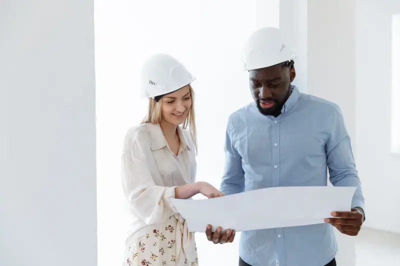 Two architects, a man and a woman, discussing a project over blueprints indoors