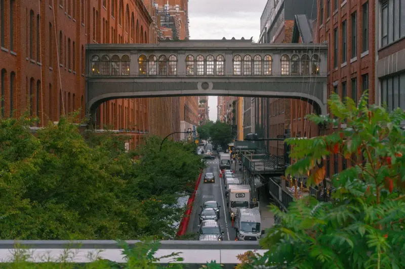 Industrial buildings and the elevated High Line in Chelsea, New York City