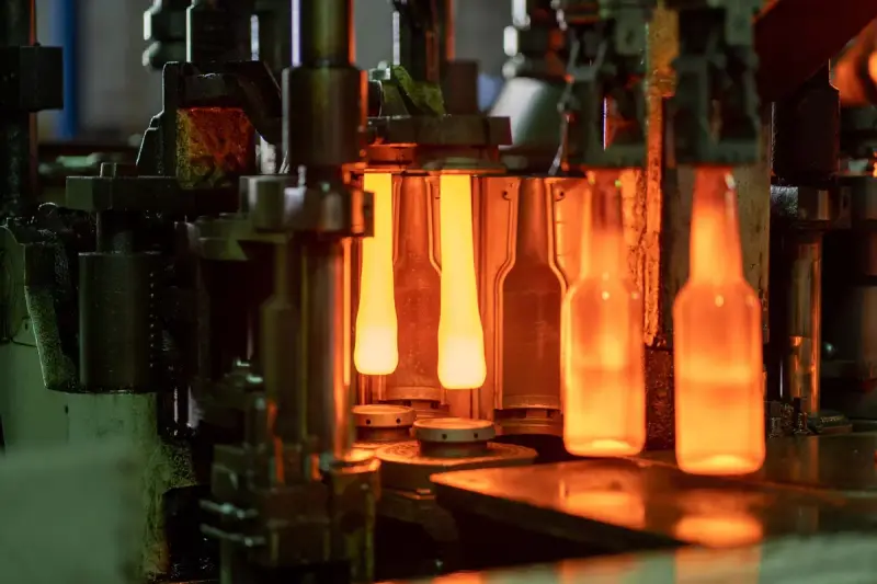 Red-hot glass bottles being shaped inside a bottle-forming machine