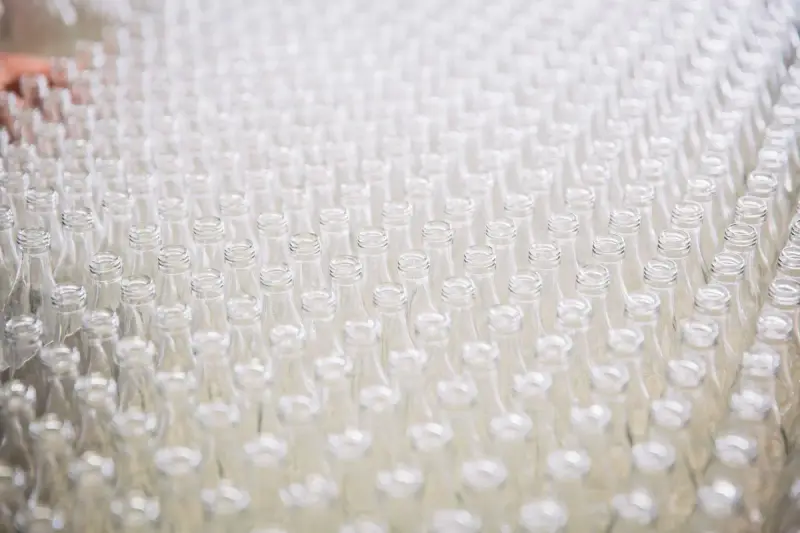 Hundreds of clear empty glass bottles packed in tight rows