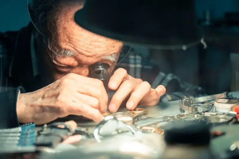 Senior watchmaker examining wristwatches through a loupe under focused light