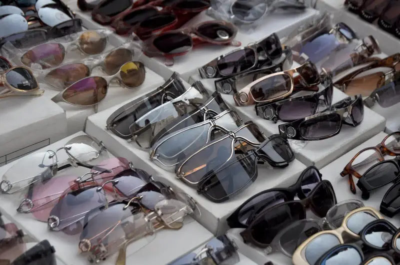 Rows of sunglasses on a vendor display in Manhattan