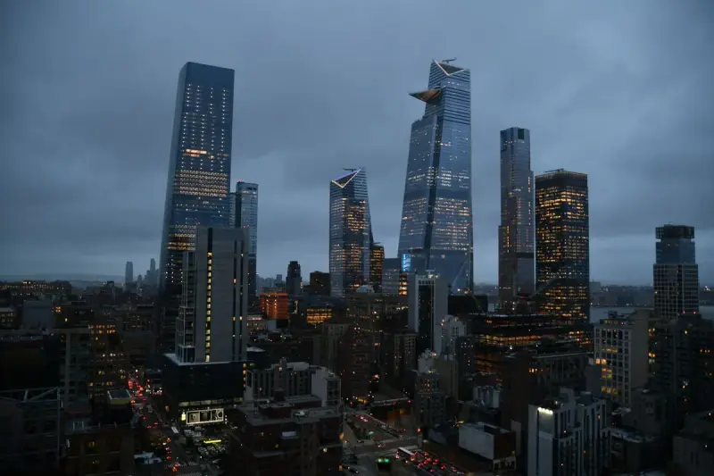Hudson Yards skyline at dusk over the west side of Manhattan