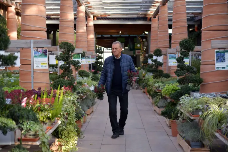 Shopper walking an aisle of a garden center lined with potted plants and topiary under terracotta columns