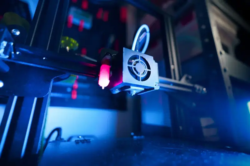 Print head and cooling fan of a 3D printer lit in blue and red