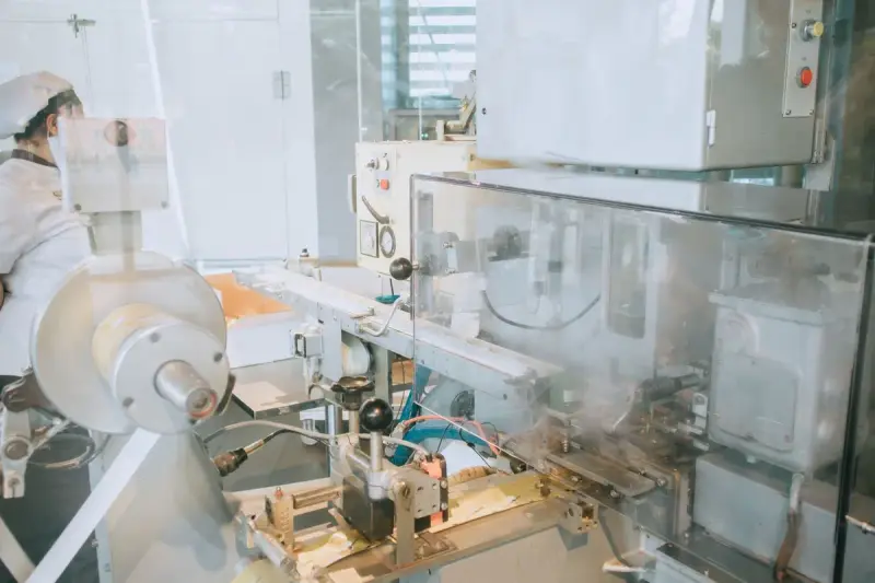 Stainless packaging machine behind clear guards, with a worker in a hairnet and mask beyond
