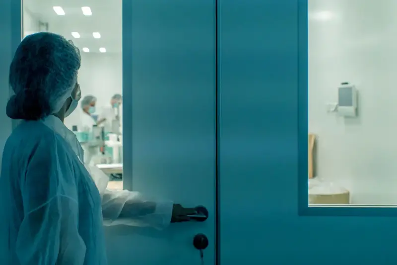 Worker in a hairnet, mask and gown opening the door to a cleanroom where colleagues work