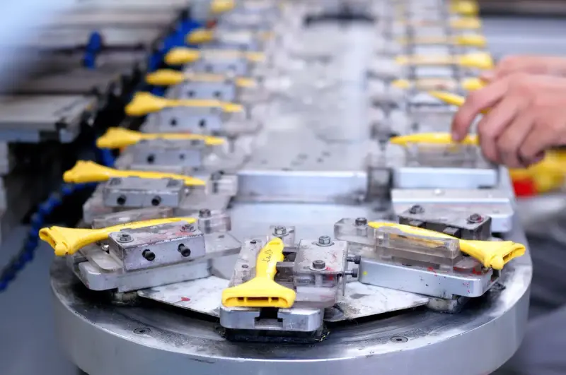 Yellow molded handles clamped in metal fixtures on a rotary assembly table