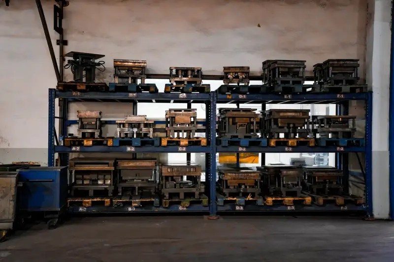 Rows of metal molds and pattern tooling stored on blue industrial shelving