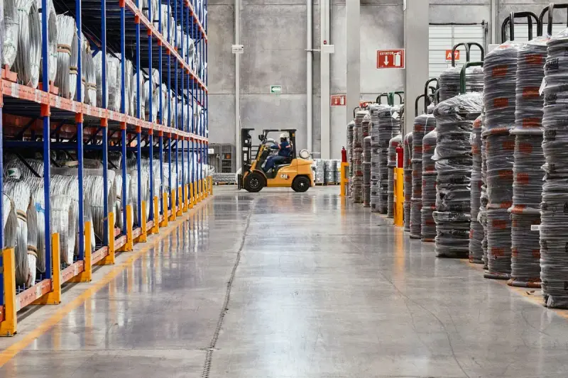 Forklift moving goods between tall shelving in an industrial warehouse