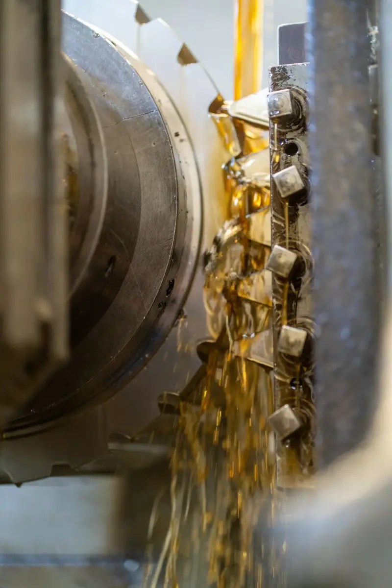 Metal cutting under oil lubrication inside an industrial machine