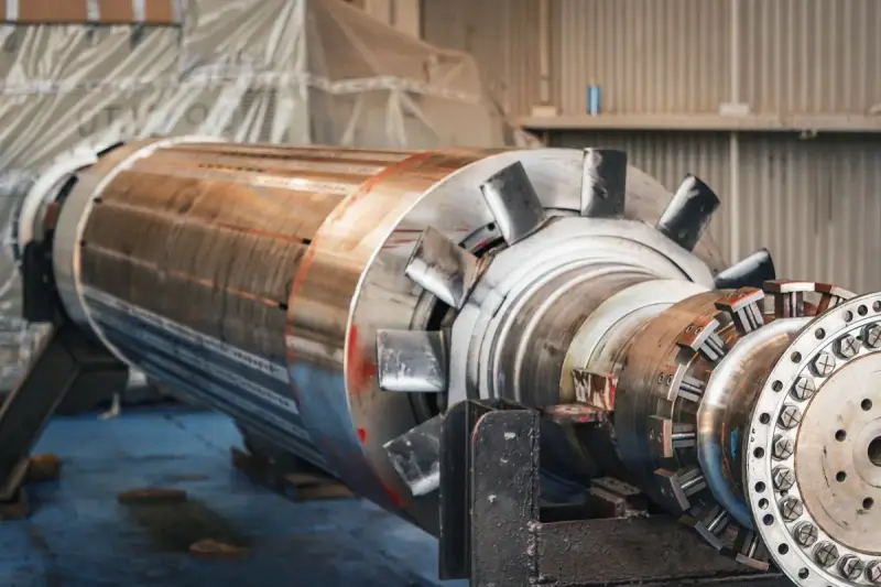 Large polished steel motor rotor resting on stands in a repair workshop