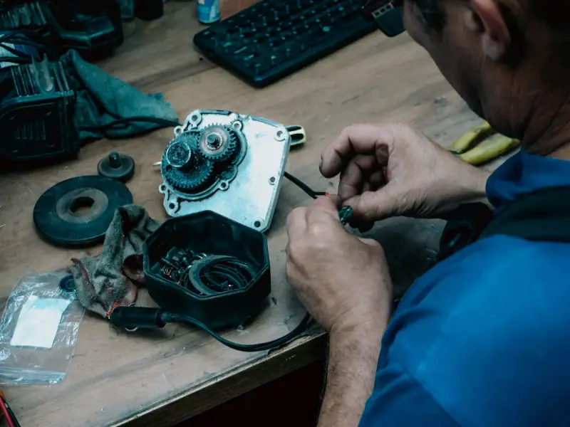 Technician at a workbench reassembling a gear housing and electric motor