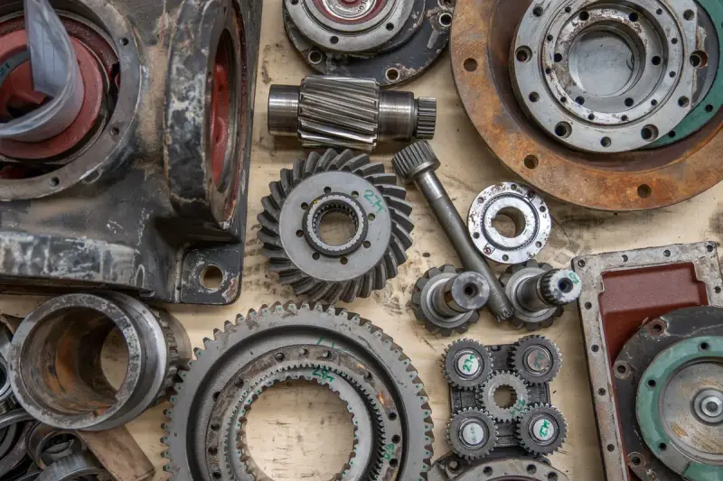 Gears, bearings, shafts and housings laid out on a workbench