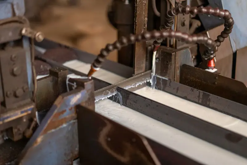 Band saw cutting steel bar stock while coolant flows over the blade