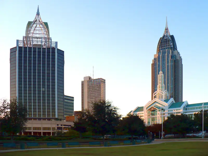 Downtown Mobile towers and the convention center spire seen from Cooper Riverside Park in Mobile, Alabama