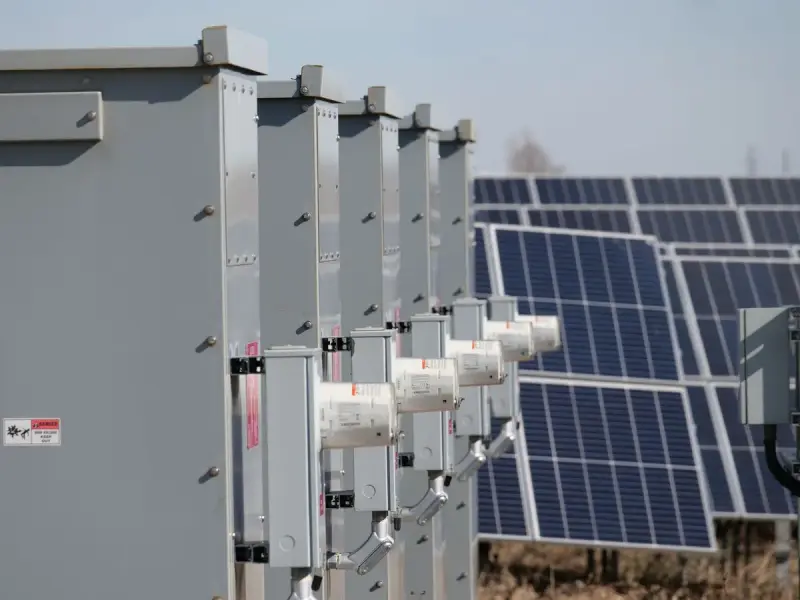 Electrical boxes mounted beside solar panels outdoors