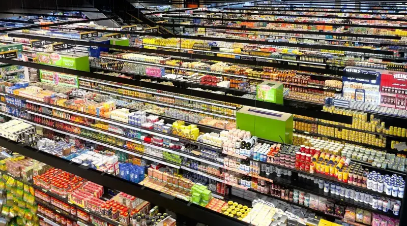 Elevated view of long store aisles stocked with colorful packaged products