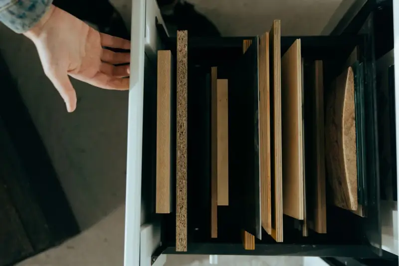 Assorted wooden panels arranged in a drawer with a hand reaching in