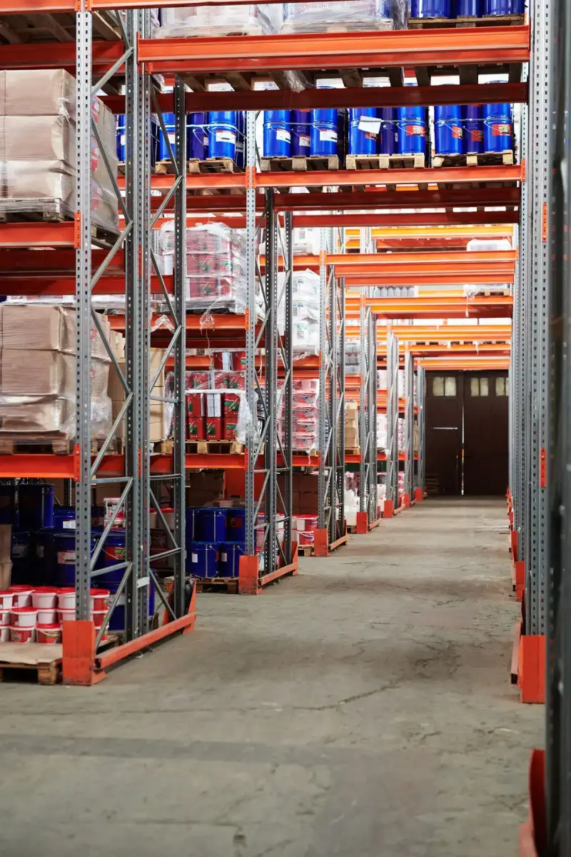 Warehouse aisle with shelves stacked with packages and goods
