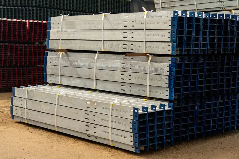 Neatly stacked steel beams in an outdoor industrial yard in daylight