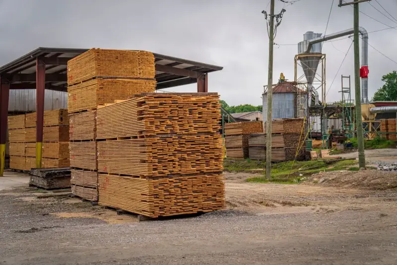 Large stacks of lumber at an outdoor sawmill processing yard