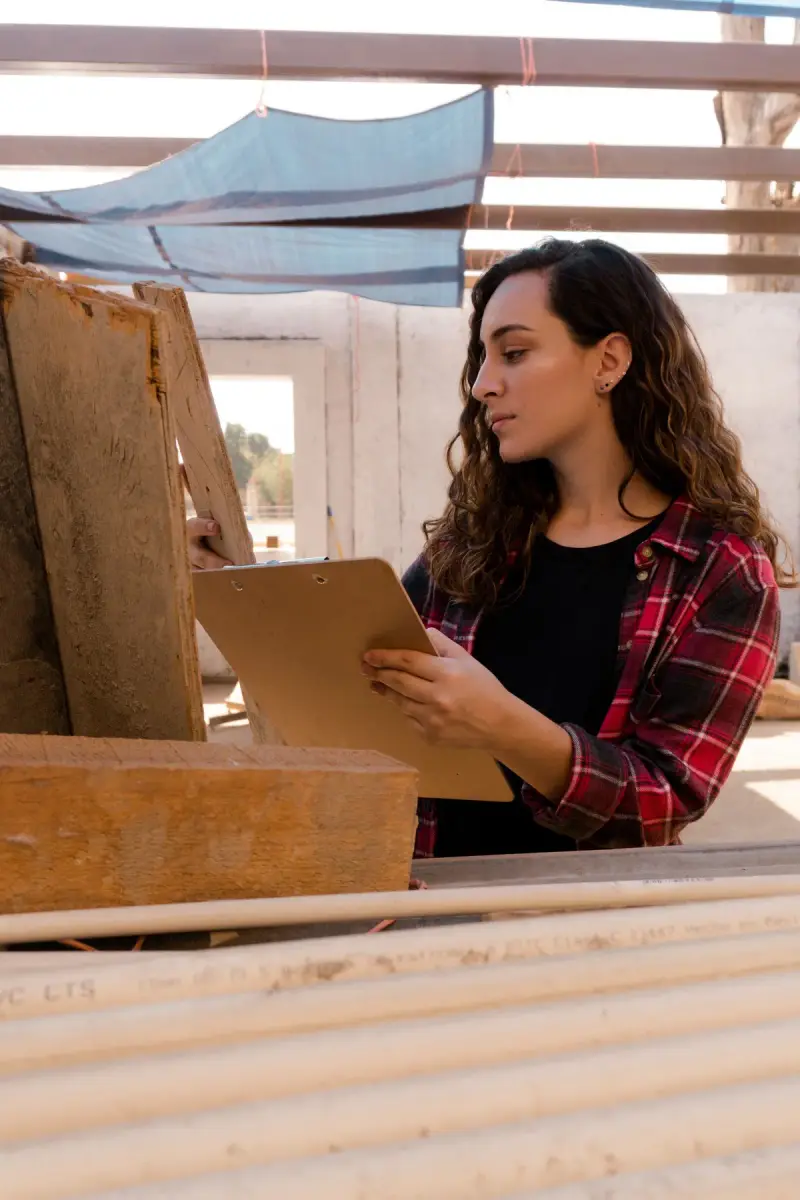 Woman in a plaid shirt checks a stack of planks against a clipboard