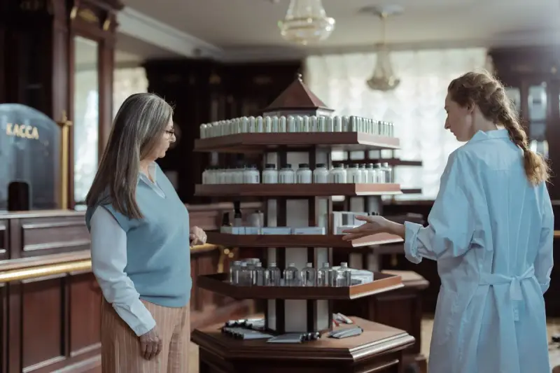 Customer and pharmacist talking beside a tiered display of medicine bottles in a wood-panelled pharmacy