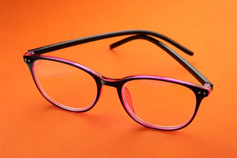 Pink and black eyeglass frames on a bright orange surface