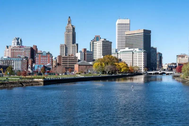 Providence skyline above the river on a bright autumn day