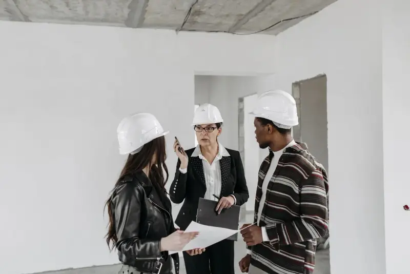 Three professionals in white hard hats review plans inside a new building