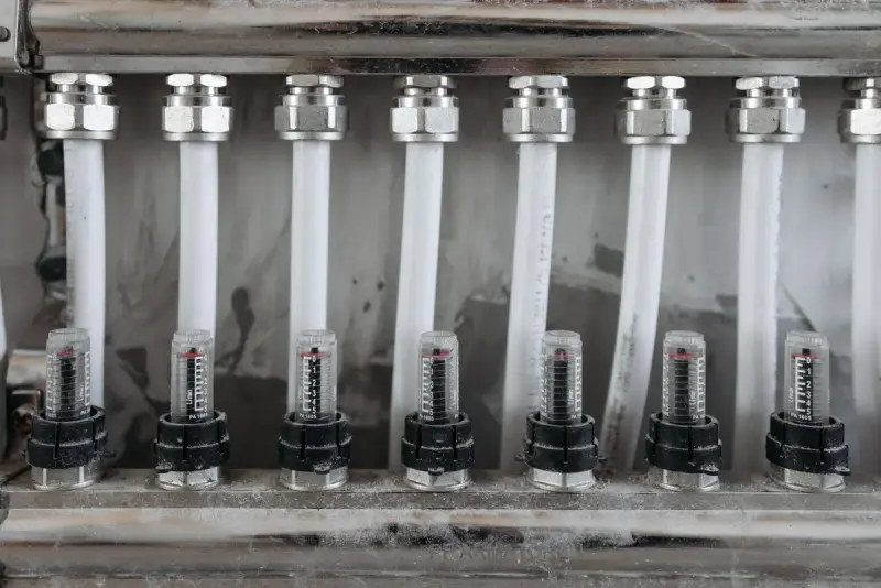 Row of heating manifold pipes with flow meters mounted on a mechanical room wall