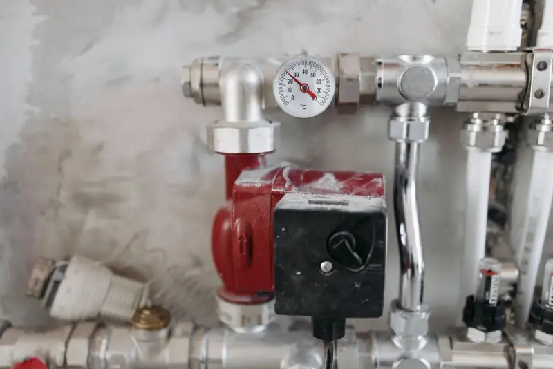 Steel heating pipes with a pressure gauge and circulation pump in a plant room