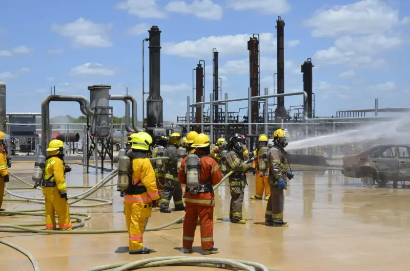 Firefighters in protective gear running a hose drill at an industrial site