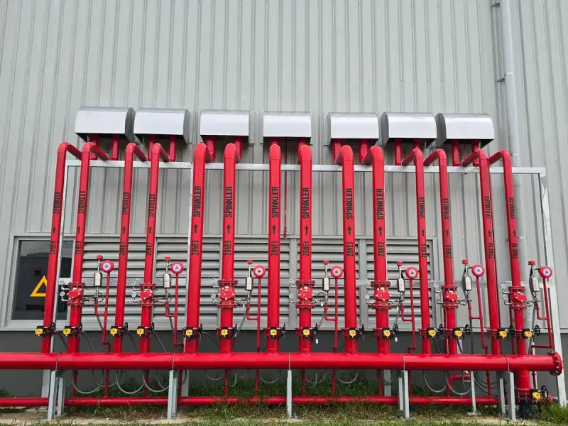 Red fire sprinkler pipes running in parallel along an industrial building wall
