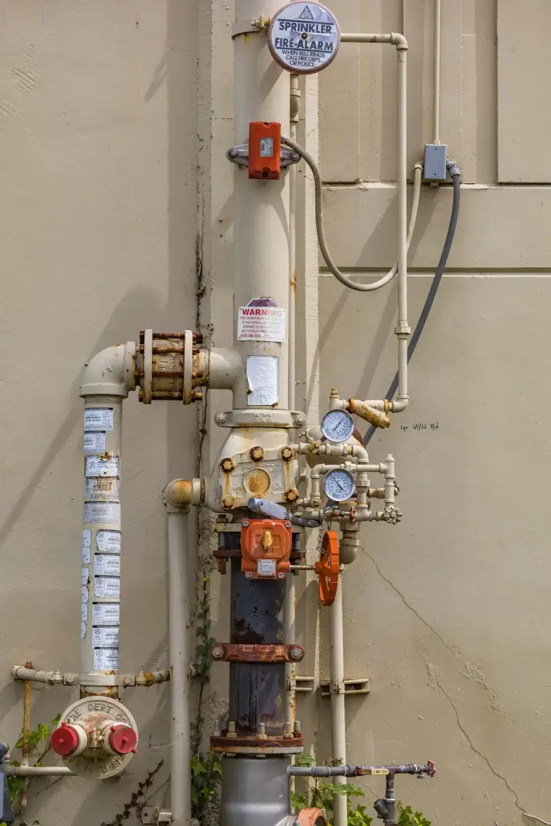 Fire sprinkler system riser with pressure gauges, valves and pipes against a wall
