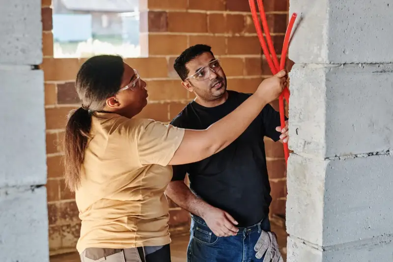 A man and a woman in safety goggles holding red pipes inside a brick building