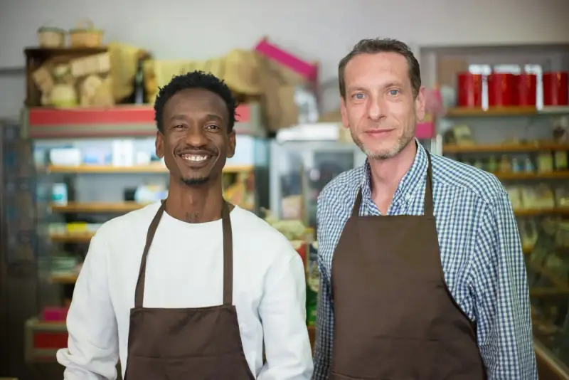 Two smiling grocers in brown aprons stand together in front of stocked shelves in a neighborhood grocery