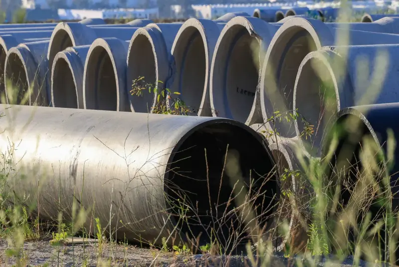 Stacked concrete pipe sections in an outdoor storage area with long grass