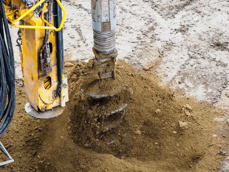 Auger drill boring into sandy soil on a construction site
