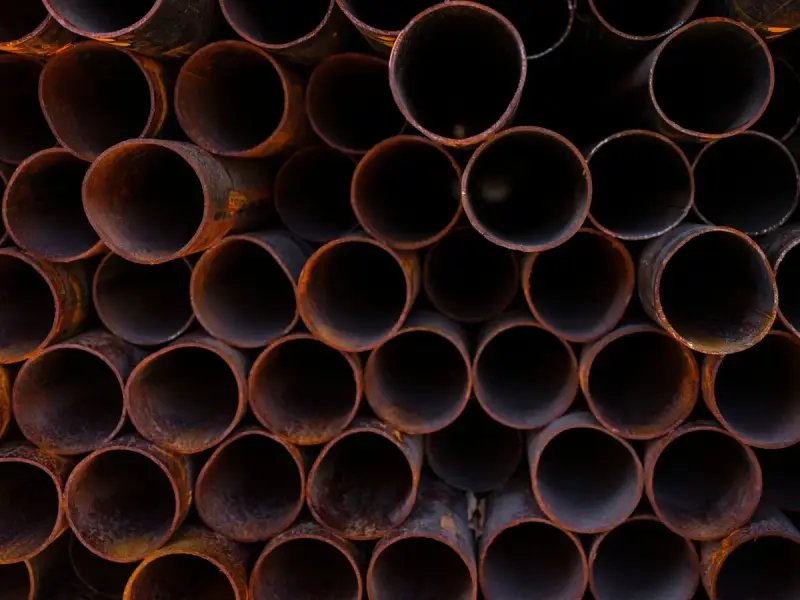 Ends of stacked rusty steel pipes filling the frame