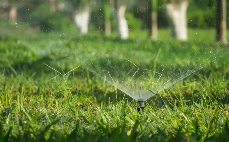 Pop-up sprinkler spraying water across a green lawn