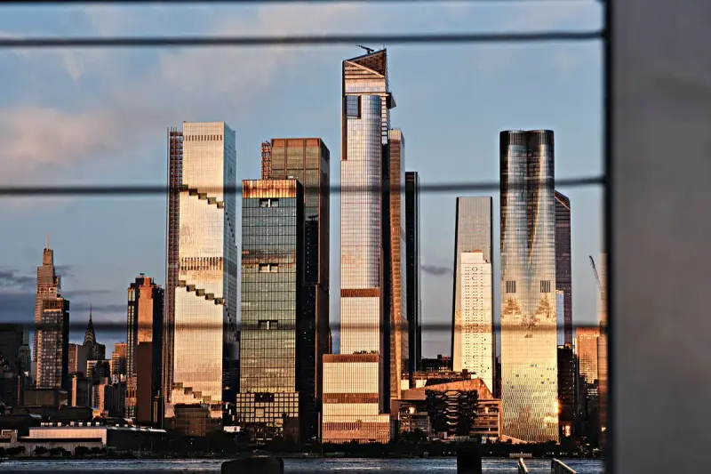 Manhattan skyline at sunset seen across the Hudson River from Weehawken