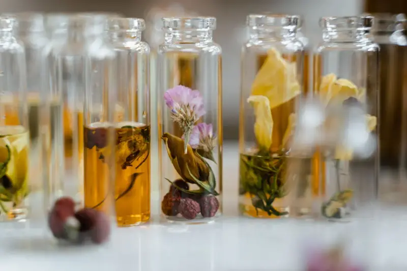 Row of glass vials holding dried flowers and botanical extracts in amber liquid